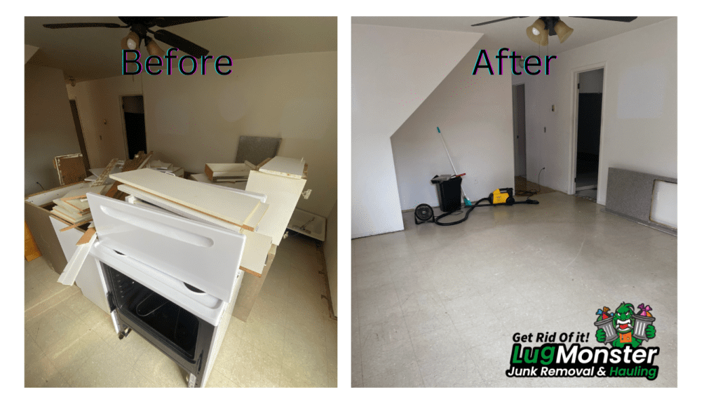 Before and after junk removal in a Long Island room showing construction debris cleared out and the space cleaned by LugMonster Junk Removal.