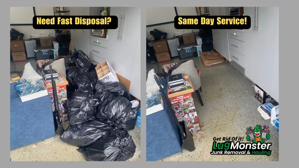 Before and after same-day junk removal in a Long Island home showing piles of trash bags and clutter cleared by LugMonster Junk Removal.
