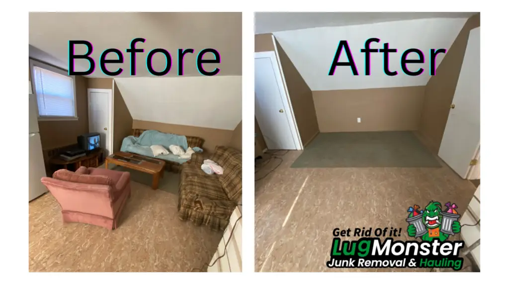 Before junk removal photo of a cluttered Long Island room with old furniture, couch, chair, and small TV—LugMonster Junk Removal project.
