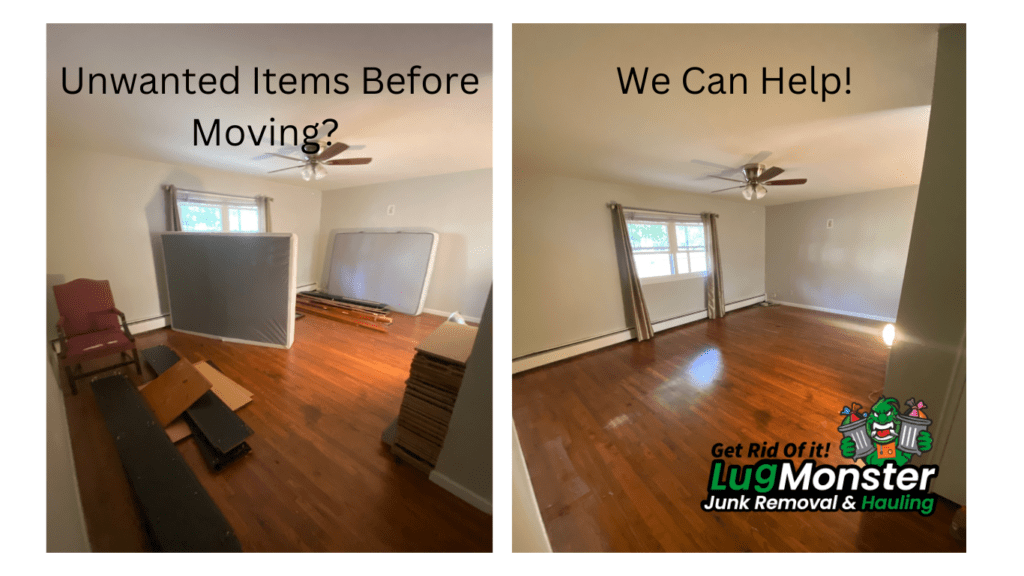 Before and after junk removal in a Long Island home showing unwanted furniture and moving debris cleared out by LugMonster Junk Removal.