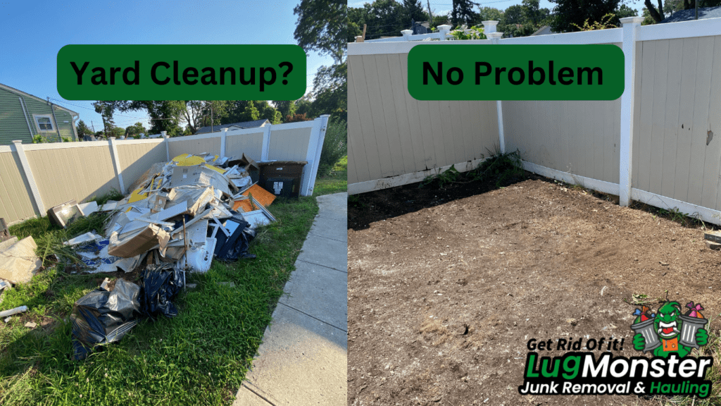 Before and after yard cleanup in a Long Island backyard showing piles of trash and debris removed, leaving a clean and cleared area by LugMonster Junk Removal.