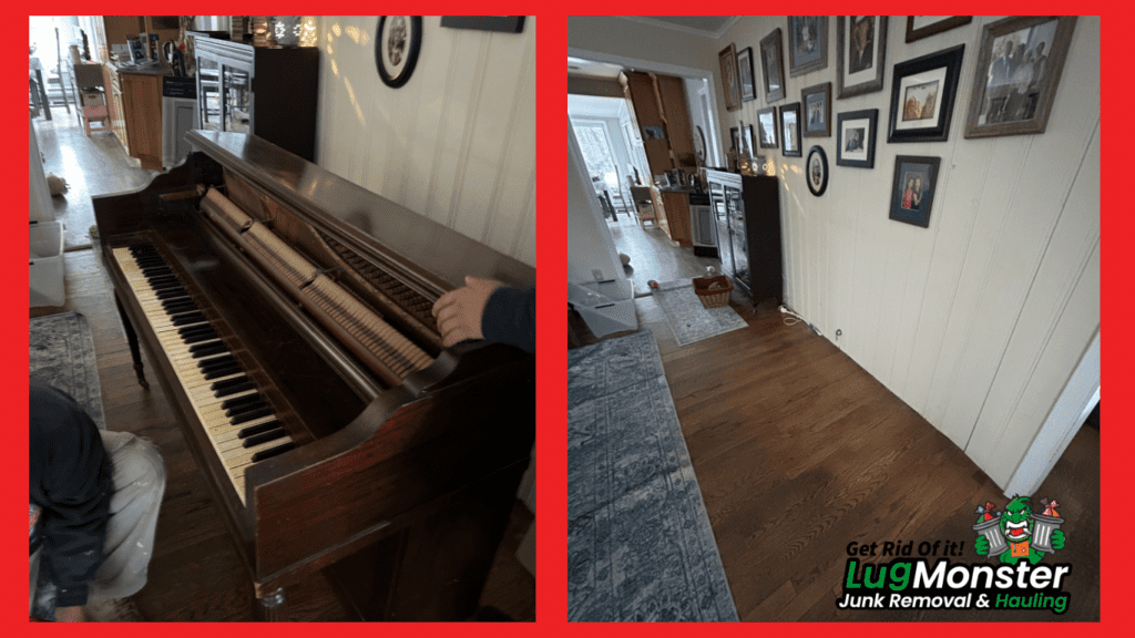 Before and after piano removal in a Long Island home showing an old upright piano removed and the space cleared by LugMonster Junk Removal.