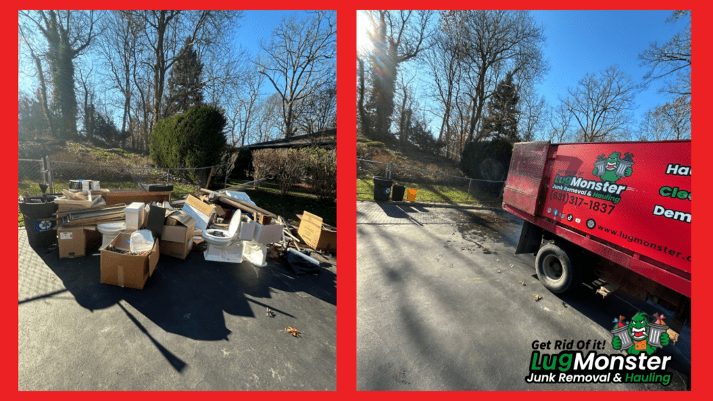 Before and after junk removal showing a Long Island driveway filled with boxes and debris cleared away by LugMonster Junk Removal, with the LugMonster truck on-site.