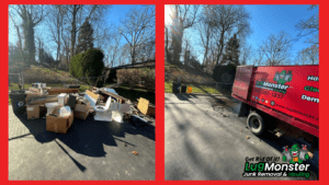 Before and after junk removal showing a Long Island driveway filled with boxes and debris cleared away by LugMonster Junk Removal, with the LugMonster truck on-site.